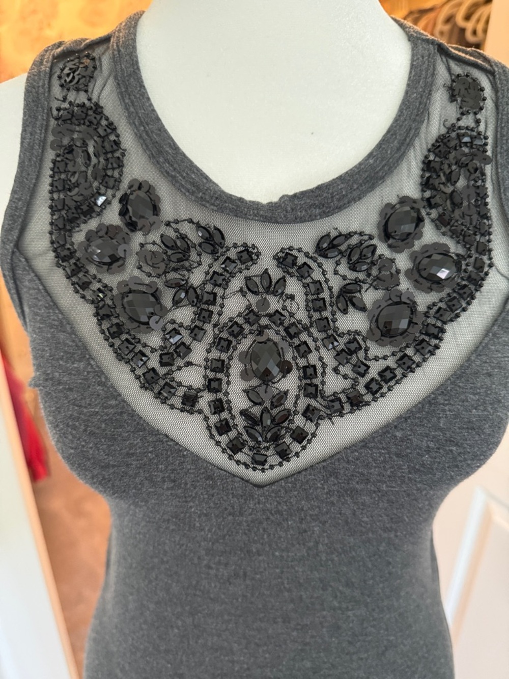 Express Charcoal Gray Maxi Dress with Black Beaded Yoke - Picture 3 of 7